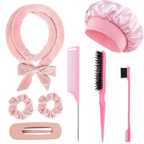 8/5/4Pcs Heatless Hair Curler Set Satin Bonnet No Heat Overnight Curls Edge Brush Scrunchies Comb Black Gift Comb Styling Tools
